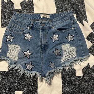 Peach Love California Blue Silver Star Jean Shorts